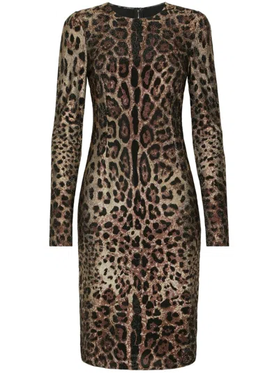 Dolce & Gabbana Rhinestone-embellished Leopard-print Midi Dress In Brown