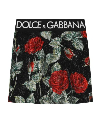 Dolce & Gabbana Rhinestone-embellished Rose-print Skirt In Black