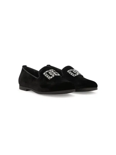 Dolce & Gabbana Kids' Rhinestone-embellished Velvet Slippers In Black