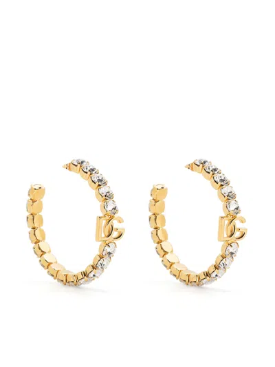 Dolce & Gabbana Rhinestone Logo Plaque Large Hoop Earrings With Push-lock Closure In Gold