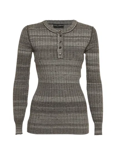 Pre-owned Dolce & Gabbana Rib Knit Henley Neck Sweater In Gray
