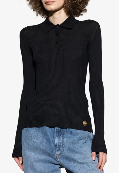Dolce & Gabbana Ribbed Cashmere Polo Sweater In Black