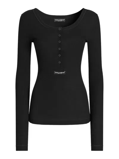 Dolce & Gabbana Ribbed Cotton Serafino T-shirt In Black