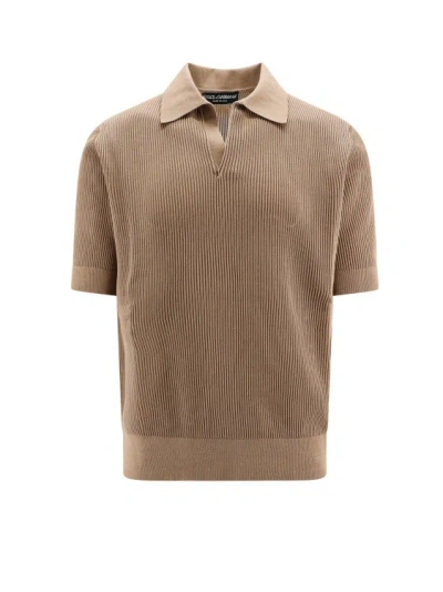 Dolce & Gabbana Ribbed Cotton Polo Shirt In Brown