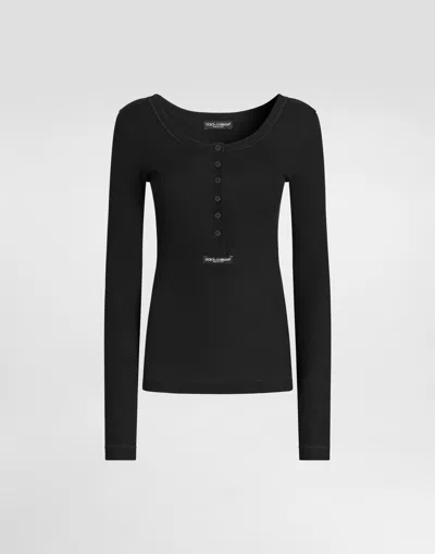 Dolce & Gabbana Ribbed Cotton Serafino T-shirt In Black