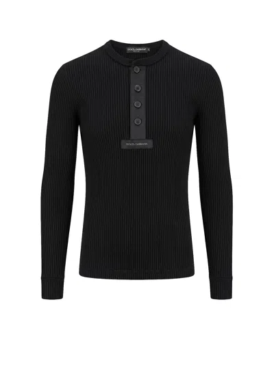 Dolce & Gabbana Ribbed Cotton Sweater With Metal Logo On The Front In Black