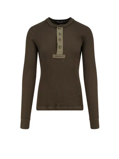 Dolce & Gabbana Ribbed Cotton Sweater With Metal Logo On The Front In Brown
