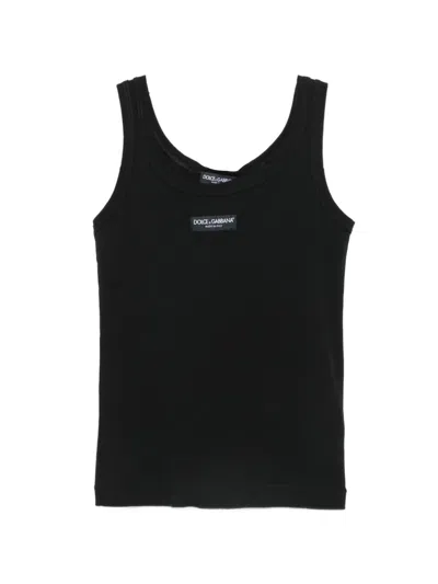 Dolce & Gabbana Ribbed Cotton Tank Top With Embroidered Logo Chest Label In Black