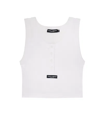 Dolce & Gabbana Ribbed Cotton Tank Top With Front Logo Patch In Neutral