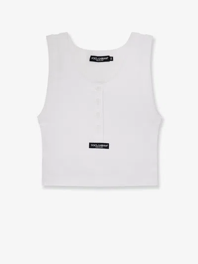 Dolce & Gabbana Ribbed Cotton Tank Top With Front Logo Patch In White