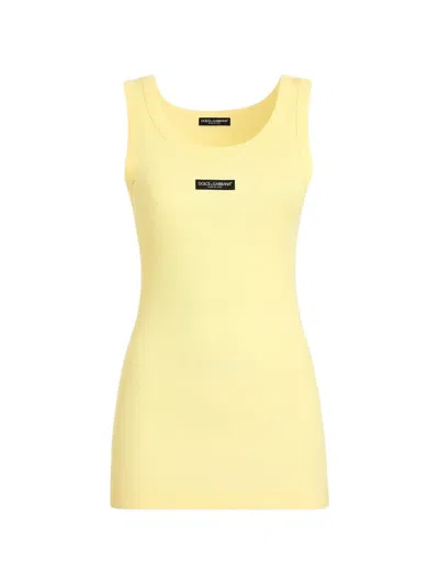Dolce & Gabbana Ribbed Jersey Tank Top With Logo In Yellow