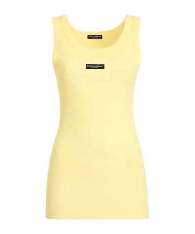Dolce & Gabbana Ribbed Jersey Tank Top With Logo In Yellow