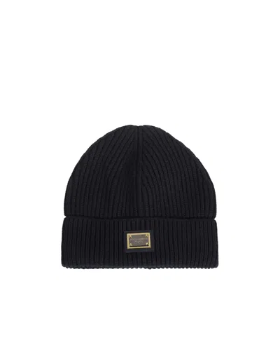 Dolce & Gabbana Ribbed Knit Cashmere Beanie Hat In Black
