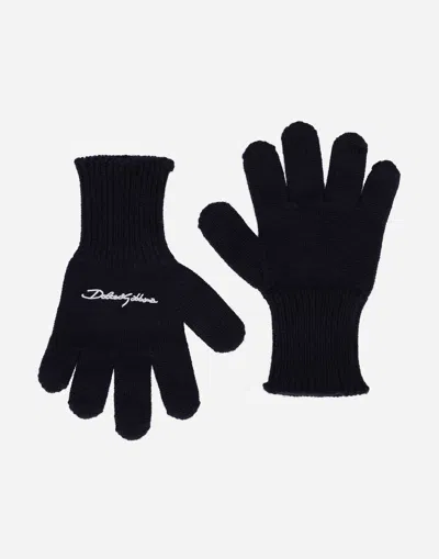 Dolce & Gabbana Ribbed Knit Gloves With Logo Embroidery In Blue