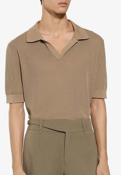 Dolce & Gabbana Ribbed Knit V-neck Polo T-shirt In Beige