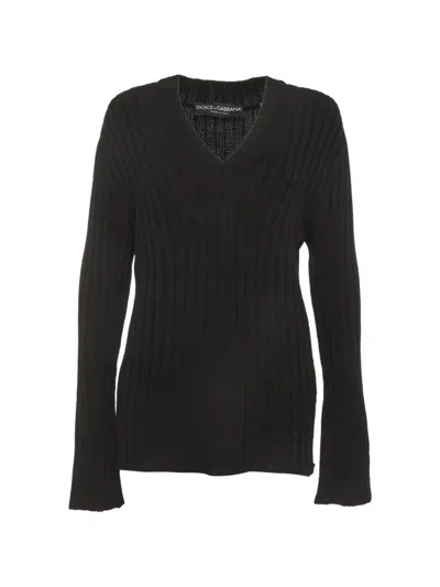 Pre-owned Dolce & Gabbana Ribbed Knit V-neck Sweater In Black