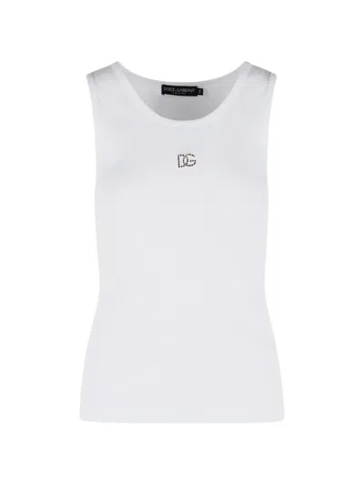 Dolce & Gabbana Ribbed Tank Top With Dg Embroidery And Rhinestones In White