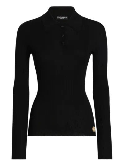 Dolce & Gabbana Ribbed Long-sleeve Polo Top In Black