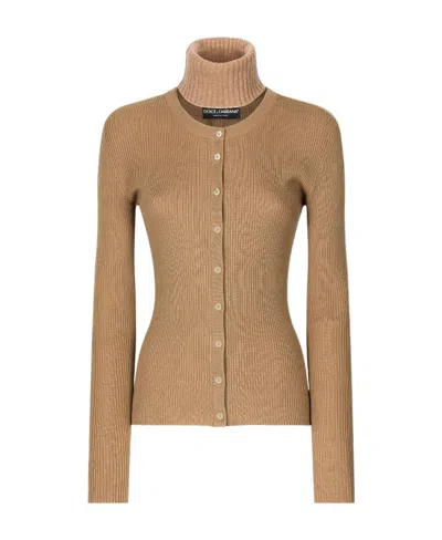 Dolce & Gabbana Ribbed Roll-neck Cardigan In Brown