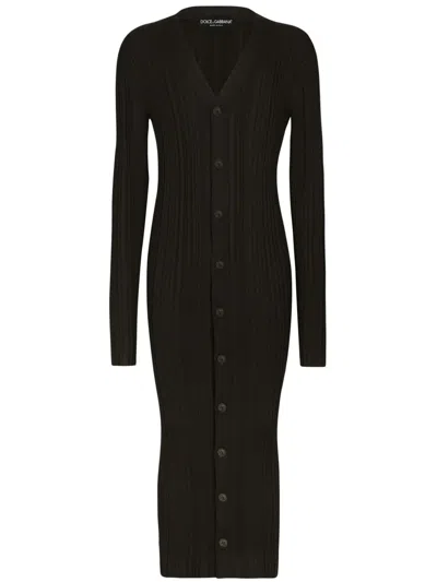 Dolce & Gabbana Ribbed Silk Cardigan In Brown