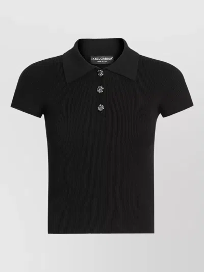 Dolce & Gabbana Ribbed Sleeveless Polo Top Jeweled Buttons In Black