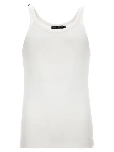 Dolce & Gabbana White Ribbed Tank Top With Logo Label In Cotton