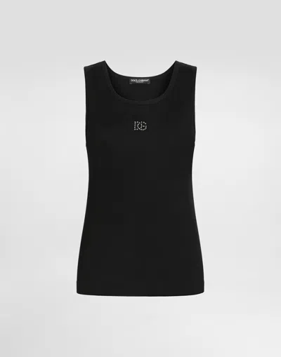 Dolce & Gabbana Ribbed Tank Top With Dg Embroidery And Rhinestones In Black