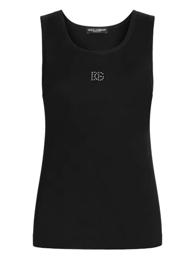 Dolce & Gabbana Ribbed Tank Top With Dg Embroidery And Rhinestones In Black
