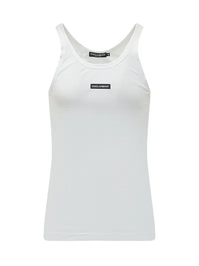 Dolce & Gabbana Ribbed Tank Top With Front Logo In Bianco Ottico