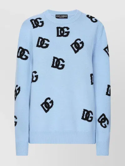 Dolce & Gabbana Ribbed Virgin Wool Crewneck Knitwear With Long Sleeves In Celeste Chiaro