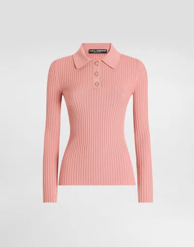 Dolce & Gabbana Ribbed Wool Polo-style Sweater In Pink