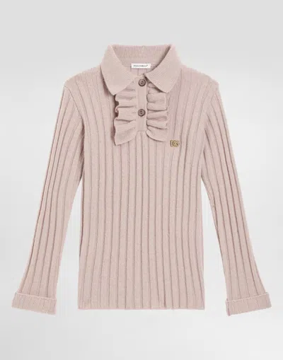 Dolce & Gabbana Ribbed Wool Polo With Ruffles In Pink