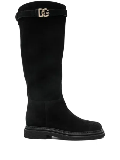 Dolce & Gabbana Logo Suede Knee-high Boots In Black