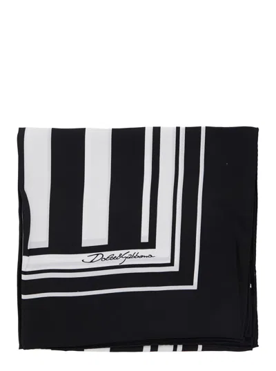 DOLCE & GABBANA BLACK AND WHITE SQUARE SCARF WITH LOGO LETTERING ON THE FRONT AND ALL-OVER STRIPED MOTIF IN SILK MAN