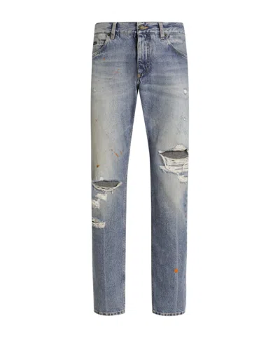 Dolce & Gabbana Ripped Logo-plaque Jeans In Blue