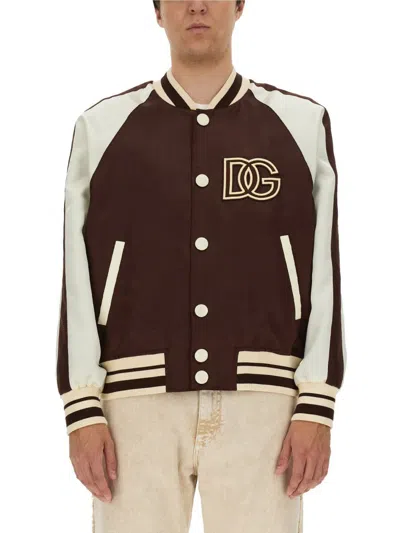 Dolce & Gabbana Logo Bomber Jacket In Brown