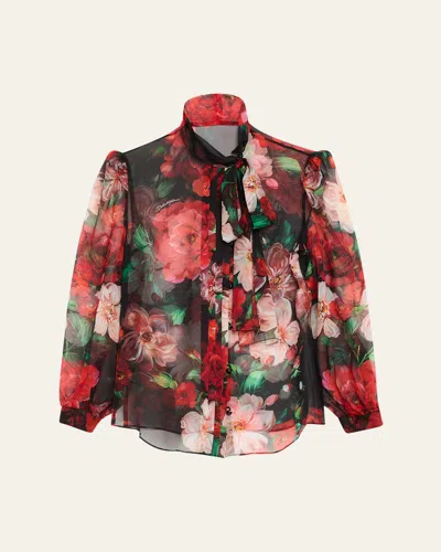 Dolce & Gabbana Rose Bouquet Chiffon Neck-tie Blouse