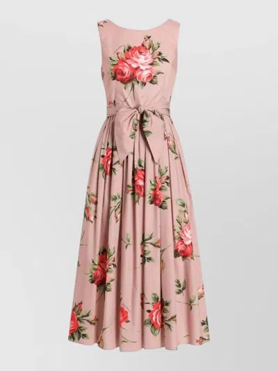 DOLCE & GABBANA COTTON SLEEVELESS BOAT NECK FLORAL PRINT MIDI DRESS