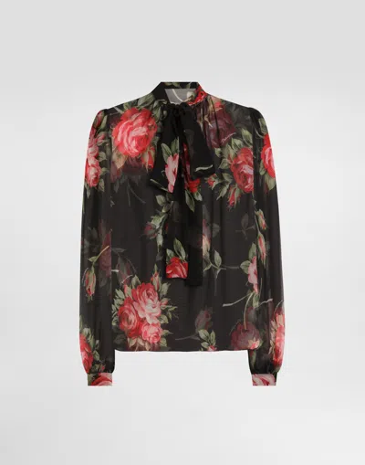 Dolce & Gabbana Rose Bouquet-print Chiffon Top In Black