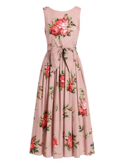 Dolce & Gabbana Abito Midi In Cotone Rosa Con Stampa Fiori Dolce E Gabbana In Pink