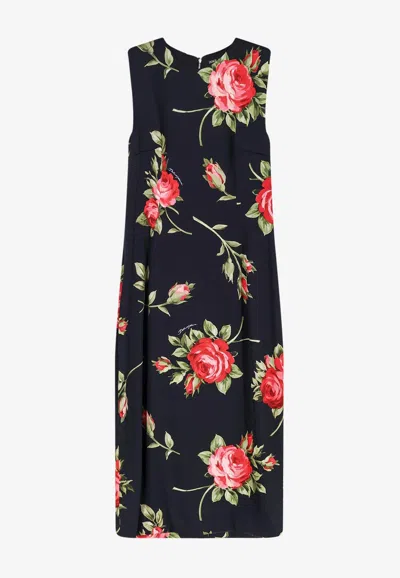 Dolce & Gabbana Rose Bouquet Print Crewneck Midi Dress In Black
