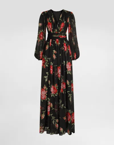 Dolce & Gabbana Rose Bouquet-print Long Chiffon Dress In Black
