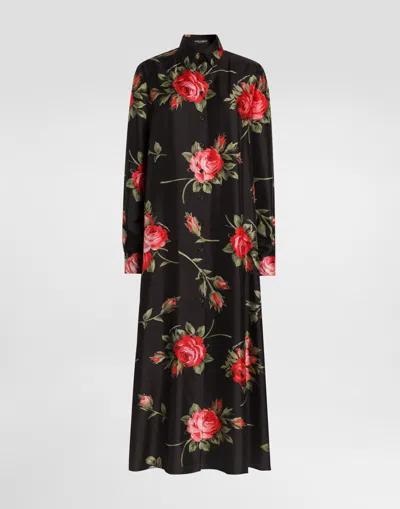 Dolce & Gabbana Rose Bouquet-print Long Twill Dress In Black