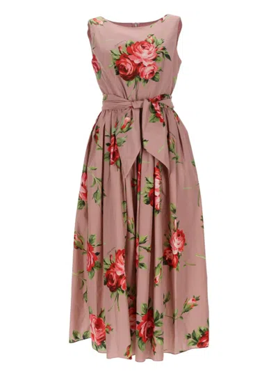 Dolce & Gabbana Abito Midi In Cotone Rosa Con Stampa Fiori Dolce E Gabbana In Pink