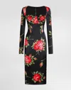Dolce & Gabbana Rose-print Satin Long-sleeve Midi Dress In Black