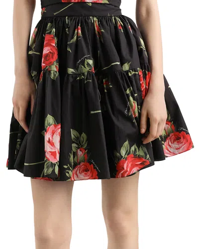 Dolce & Gabbana Mini Skirt With Rose Bouquet Print And Peplum Detail, Size 40 In Black