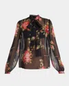 Dolce & Gabbana Rose Bouquet-print Silk Chiffon Neck-tie Blouse In Black