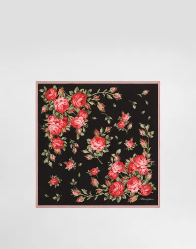 Dolce & Gabbana Rose Bouquet-print Silk Twill Scarf 50x50 In Black