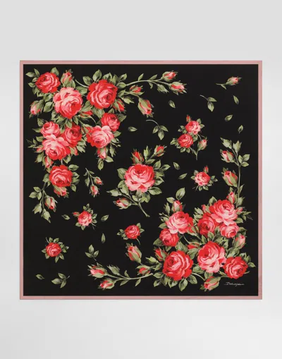 Dolce & Gabbana 90x90 Cm Silk Twill Scarf With A Rose Bouquet Print In Animal Print