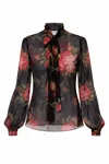 Dolce & Gabbana Rose Bouquet-print Silk Chiffon Neck-tie Blouse In Black